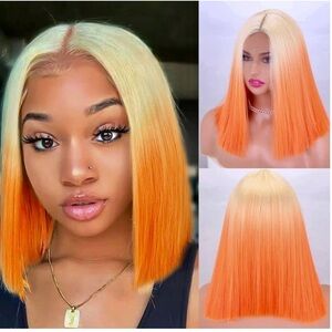OMBRE Orange Short Straight Front Lace Hair Wig For Women